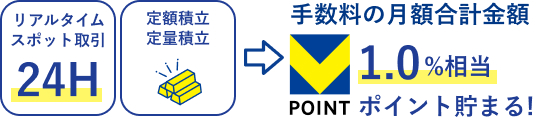 金・銀・プラチナの取引の月間合計手数料に応じて1.0%相当ポイントが貯まります。